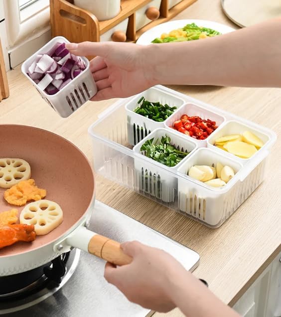 6-Grid Fridge Storage Box – Airtight Multi-Compartment Container for Fresh Produce, Ingredients, and Kitchen Organization Premium Quality Single Deals™