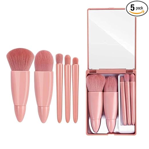 Portable Makeup Brush Set with Integrated Mirror – 5-Piece Travel-Friendly Cosmetic Kit for On-the-Go Application Premium Quality Single Deals™