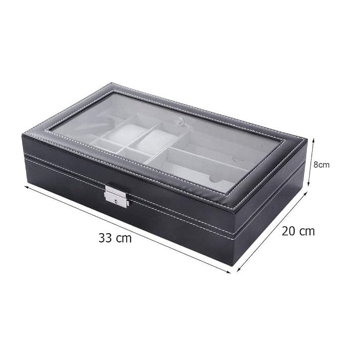 Premium 6-Slot Watch & 3-Slot Eyewear Display Case – Elegant Leatherette Organizer with Clear Glass Top Premium Quality Single Deals™