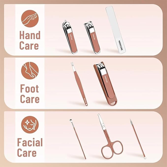 8-in-1 Compact Manicure Set - Professional Stainless Steel Grooming Kit with Modern Earth-Tone Travel Case for Nail and Cuticle Care Premium Quality Single Deals™