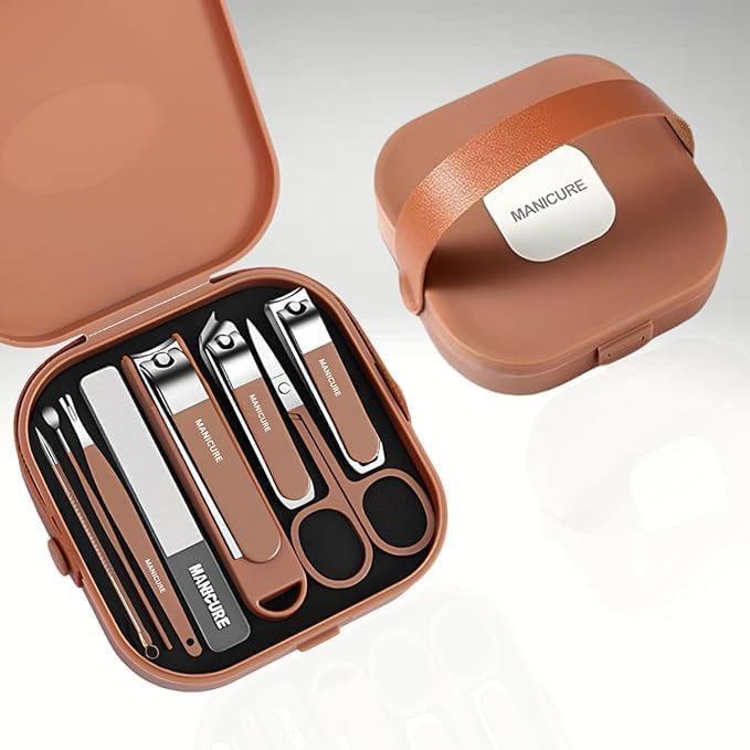 8-in-1 Compact Manicure Set - Professional Stainless Steel Grooming Kit with Modern Earth-Tone Travel Case for Nail and Cuticle Care Premium Quality Single Deals™