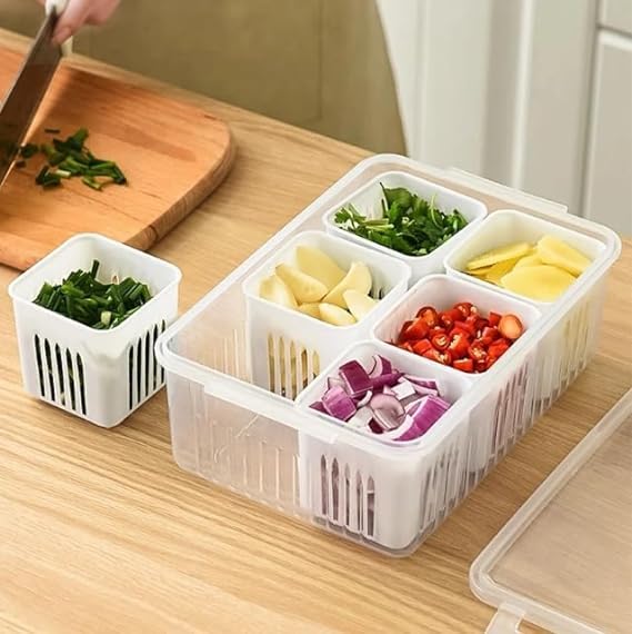 6-Grid Fridge Storage Box – Airtight Multi-Compartment Container for Fresh Produce, Ingredients, and Kitchen Organization Premium Quality Single Deals™