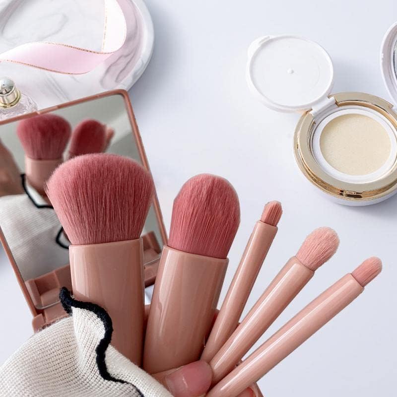 Portable Makeup Brush Set with Integrated Mirror – 5-Piece Travel-Friendly Cosmetic Kit for On-the-Go Application Premium Quality Single Deals™
