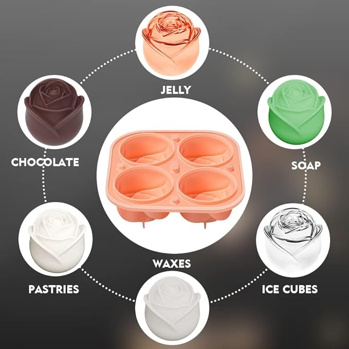 3D Rose Ice Molds 2.5 Inch, Large Ice Cube Trays, Make 4 Giant Cute Flower Shape Ice, Silicone Rubber Fun Big Ice Ball Maker for Cocktails Juice Whiskey Bourbon Freezer, Dishwasher Safe