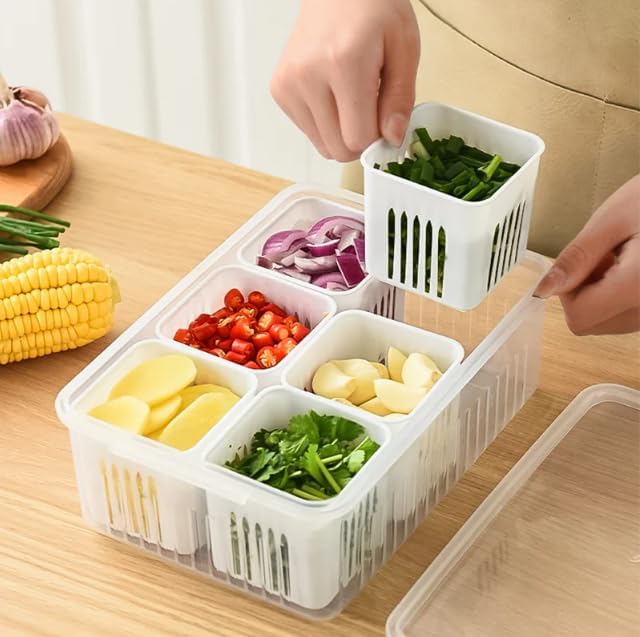 6-Grid Fridge Storage Box – Airtight Multi-Compartment Container for Fresh Produce, Ingredients, and Kitchen Organization Premium Quality Single Deals™