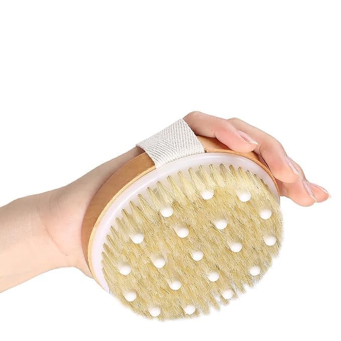 Premium Wooden Round Bath Brush – Ergonomic Natural Bristle Scrubber for Exfoliation and Body Care