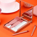Portable Makeup Brush Set with Integrated Mirror – 5-Piece Travel-Friendly Cosmetic Kit for On-the-Go Application Premium Quality Single Deals™