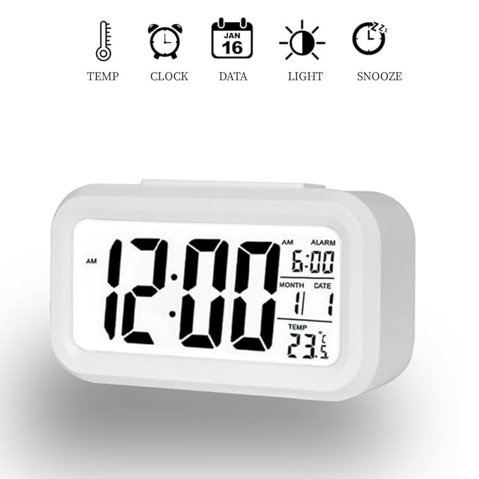 White Digital Alarm Clock – Multi-Feature Desk Timepiece with Date, Temperature, and Alarm Functions Premium Quality Single Deals™