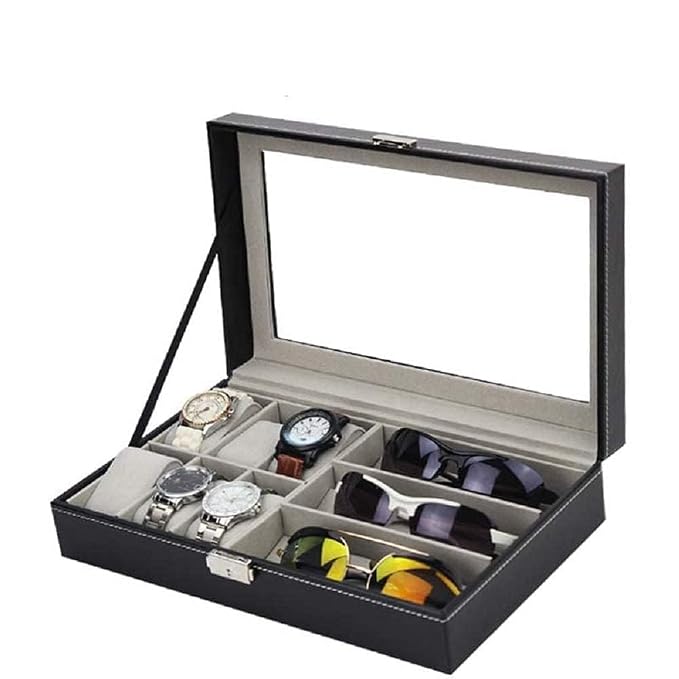 Premium 6-Slot Watch & 3-Slot Eyewear Display Case – Elegant Leatherette Organizer with Clear Glass Top Premium Quality Single Deals™