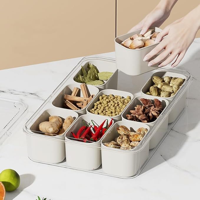 9-Compartment Food Organizer Tray – Airtight Multi-Grid Storage Container for Spices, Snacks, and Kitchen Organization Premium Quality Single Deals™