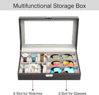 Premium 6-Slot Watch & 3-Slot Eyewear Display Case – Elegant Leatherette Organizer with Clear Glass Top Premium Quality Single Deals™