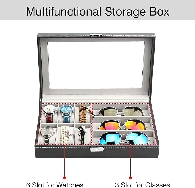 Premium 6-Slot Watch & 3-Slot Eyewear Display Case – Elegant Leatherette Organizer with Clear Glass Top Premium Quality Single Deals™