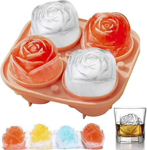 3D Rose Ice Molds 2.5 Inch, Large Ice Cube Trays, Make 4 Giant Cute Flower Shape Ice, Silicone Rubber Fun Big Ice Ball Maker for Cocktails Juice Whiskey Bourbon Freezer, Dishwasher Safe