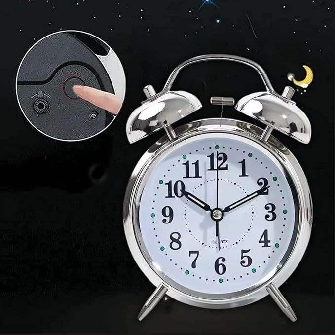 Silver Alarm Clock – Classic Twin-Bell Analog Timepiece for Bedroom, Desk, and Home Decor Premium Quality Single Deals™