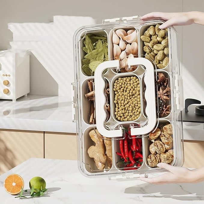 9-Compartment Food Organizer Tray – Airtight Multi-Grid Storage Container for Spices, Snacks, and Kitchen Organization Premium Quality Single Deals™