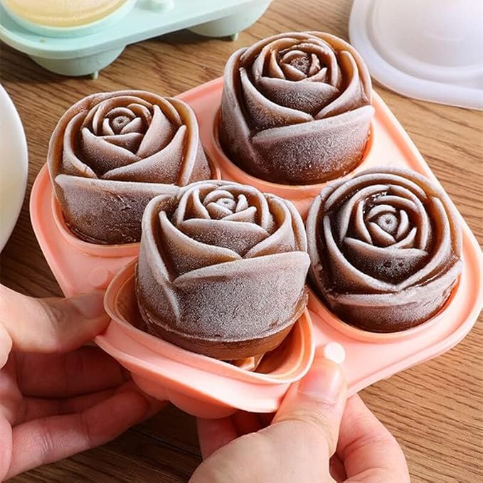3D Rose Ice Molds 2.5 Inch, Large Ice Cube Trays, Make 4 Giant Cute Flower Shape Ice, Silicone Rubber Fun Big Ice Ball Maker for Cocktails Juice Whiskey Bourbon Freezer, Dishwasher Safe