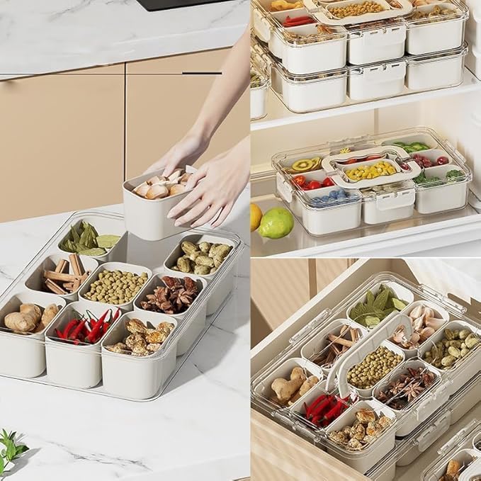 9-Compartment Food Organizer Tray – Airtight Multi-Grid Storage Container for Spices, Snacks, and Kitchen Organization Premium Quality Single Deals™