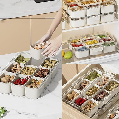 9-Compartment Food Organizer Tray – Airtight Multi-Grid Storage Container for Spices, Snacks, and Kitchen Organization Premium Quality Single Deals™