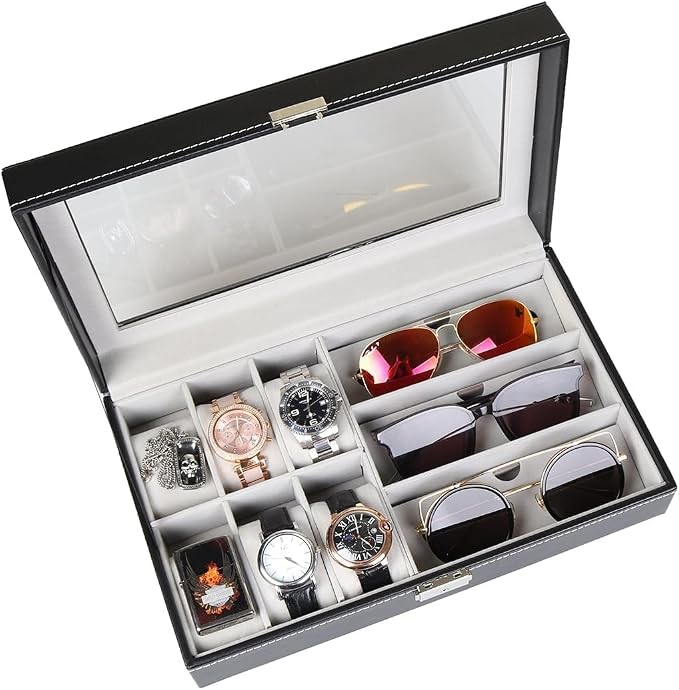 Premium 6-Slot Watch & 3-Slot Eyewear Display Case – Elegant Leatherette Organizer with Clear Glass Top Premium Quality Single Deals™