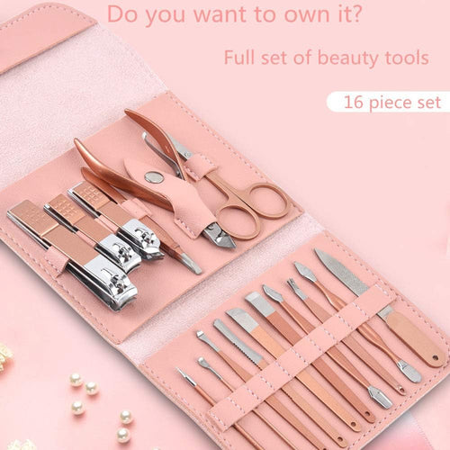16-Piece Professional Pink Manicure Set - Complete Stainless Steel Grooming Kit in Premium Leather-Style Foldable Case for Comprehensive Nail and Personal Care Premium Quality Single Deals™