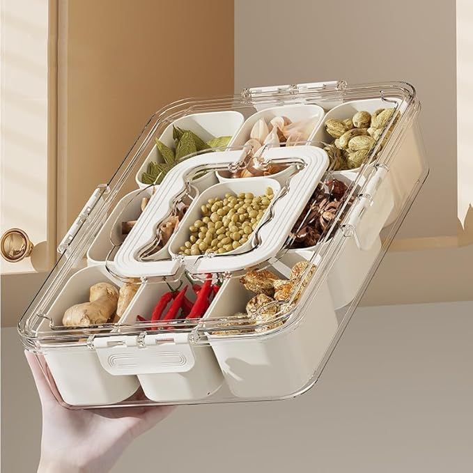 9-Compartment Food Organizer Tray – Airtight Multi-Grid Storage Container for Spices, Snacks, and Kitchen Organization Premium Quality Single Deals™