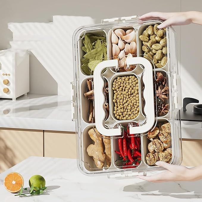 9-Compartment Food Organizer Tray – Airtight Multi-Grid Storage Container for Spices, Snacks, and Kitchen Organization Premium Quality Single Deals™