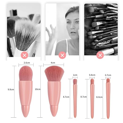 Portable Makeup Brush Set with Integrated Mirror – 5-Piece Travel-Friendly Cosmetic Kit for On-the-Go Application Premium Quality Single Deals™