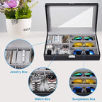 Premium 6-Slot Watch & 3-Slot Eyewear Display Case – Elegant Leatherette Organizer with Clear Glass Top Premium Quality Single Deals™