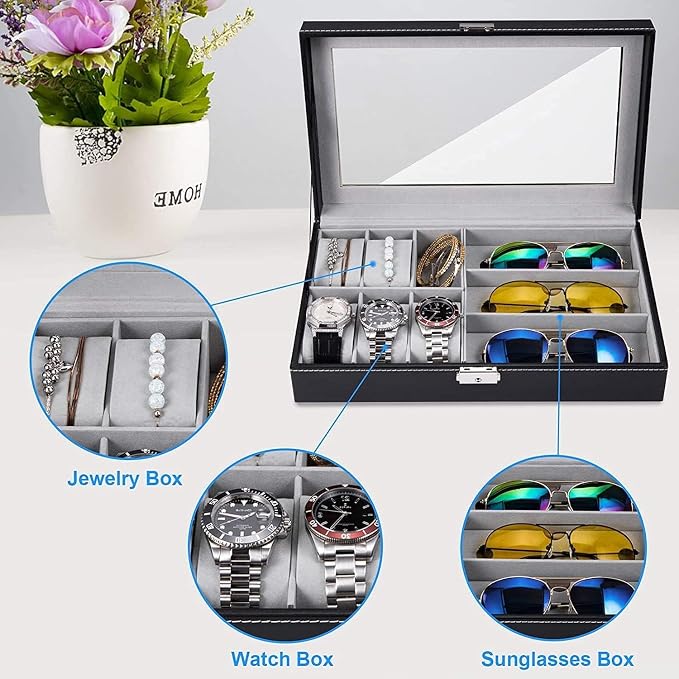 Premium 6-Slot Watch & 3-Slot Eyewear Display Case – Elegant Leatherette Organizer with Clear Glass Top Premium Quality Single Deals™