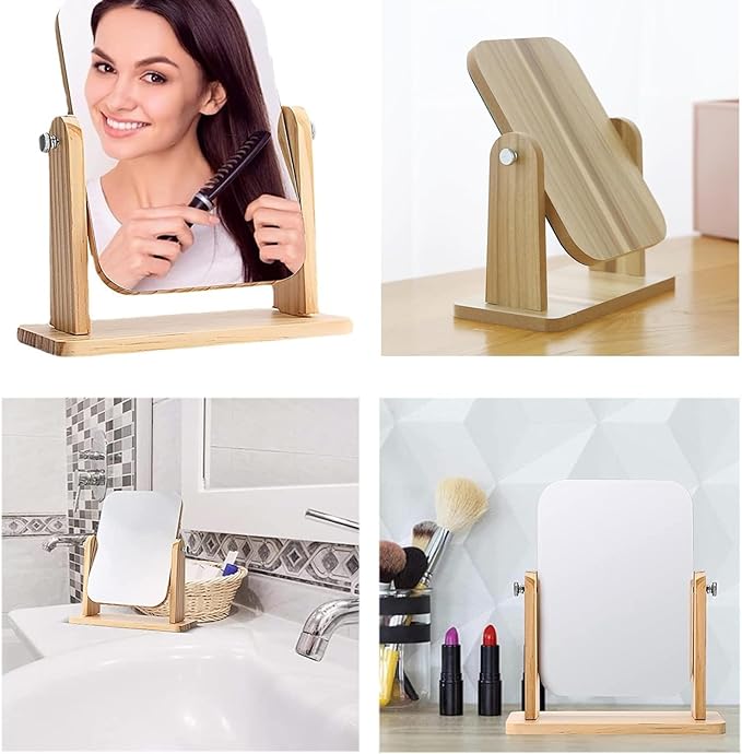 Premium Wooden Desktop Square Makeup Mirror – Large-Size, Adjustable Vanity Mirror for Daily Grooming