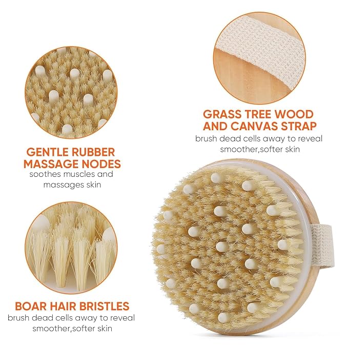 Premium Wooden Round Bath Brush – Ergonomic Natural Bristle Scrubber for Exfoliation and Body Care