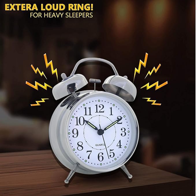 Silver Alarm Clock – Classic Twin-Bell Analog Timepiece for Bedroom, Desk, and Home Decor Premium Quality Single Deals™