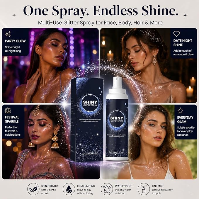 Shiny Glitter Body & Hair Spray – 60ml Illuminating Mist for Radiant Glamour Premium Quality Single Deals™
