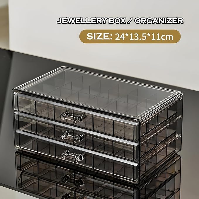 Single Deals™ 3 Drawers 24 Grid Acrylic Jewellery Box - Premium Quality