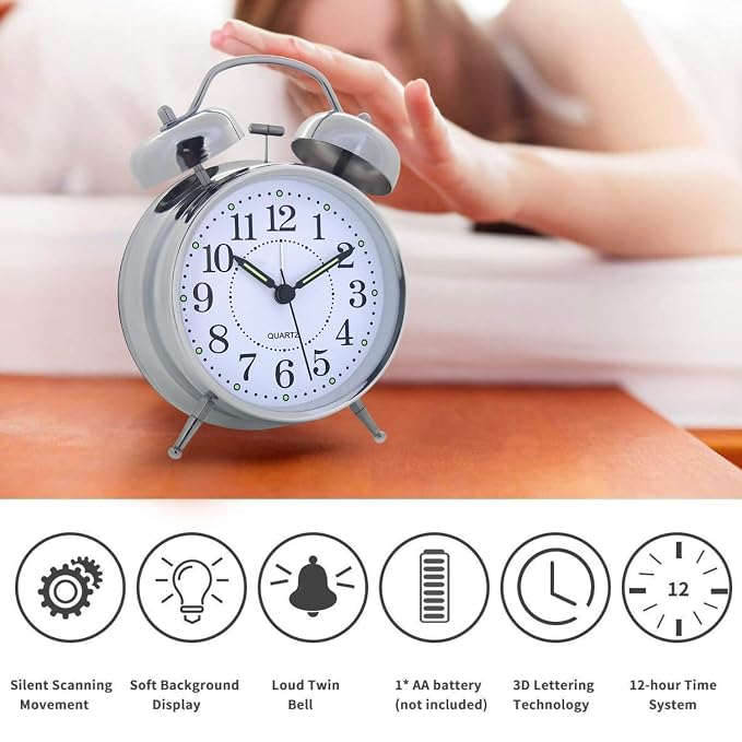 Silver Alarm Clock – Classic Twin-Bell Analog Timepiece for Bedroom, Desk, and Home Decor Premium Quality Single Deals™