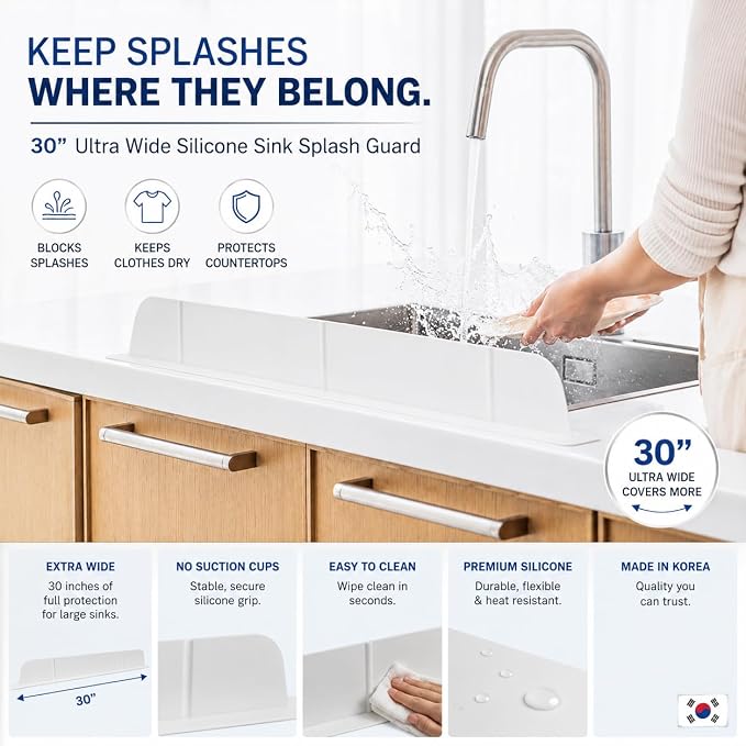 30 Cm Kitchen Sink Splash Guard, Silicone Faucet Splash Guard Mat for Kitchen Counter, Ultra-Wide Sink Water Splash Guard, BPA Free, No Suction Cups, Anti-Slip Sink Water Barrier Protector