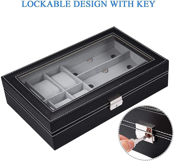 Premium 6-Slot Watch & 3-Slot Eyewear Display Case – Elegant Leatherette Organizer with Clear Glass Top Premium Quality Single Deals™