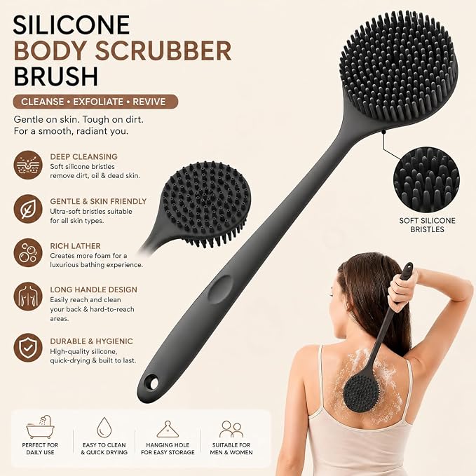 2-in-1 Premium Silicone Bath Brush – Long-Handle Exfoliating Scrubber for Deep Cleansing and Skin Wellness