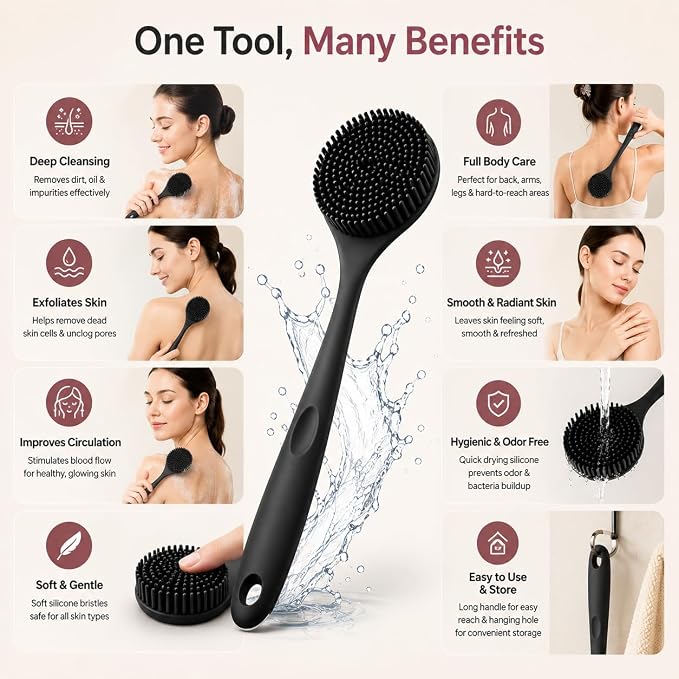 2-in-1 Premium Silicone Bath Brush – Long-Handle Exfoliating Scrubber for Deep Cleansing and Skin Wellness