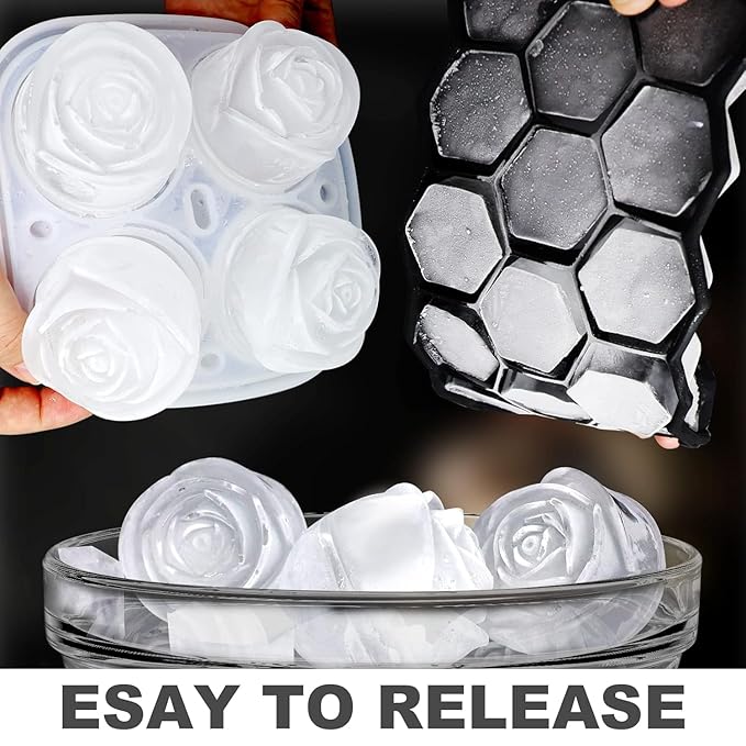 3D Rose Ice Molds 2.5 Inch, Large Ice Cube Trays, Make 4 Giant Cute Flower Shape Ice, Silicone Rubber Fun Big Ice Ball Maker for Cocktails Juice Whiskey Bourbon Freezer, Dishwasher Safe