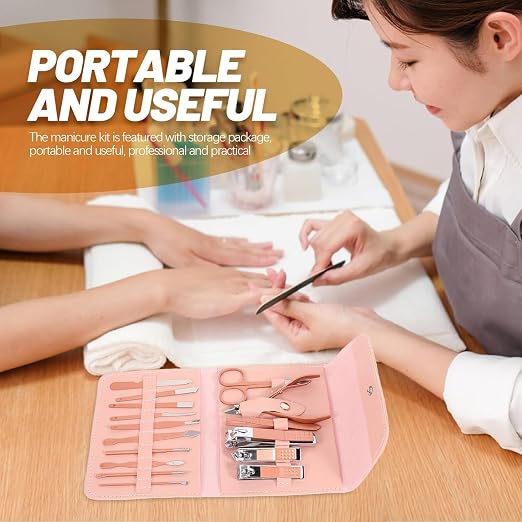 16-Piece Professional Pink Manicure Set - Complete Stainless Steel Grooming Kit in Premium Leather-Style Foldable Case for Comprehensive Nail and Personal Care Premium Quality Single Deals™