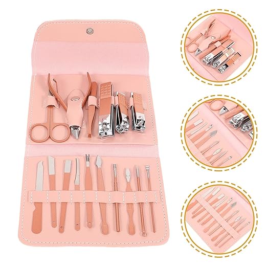16-Piece Professional Pink Manicure Set - Complete Stainless Steel Grooming Kit in Premium Leather-Style Foldable Case for Comprehensive Nail and Personal Care Premium Quality Single Deals™