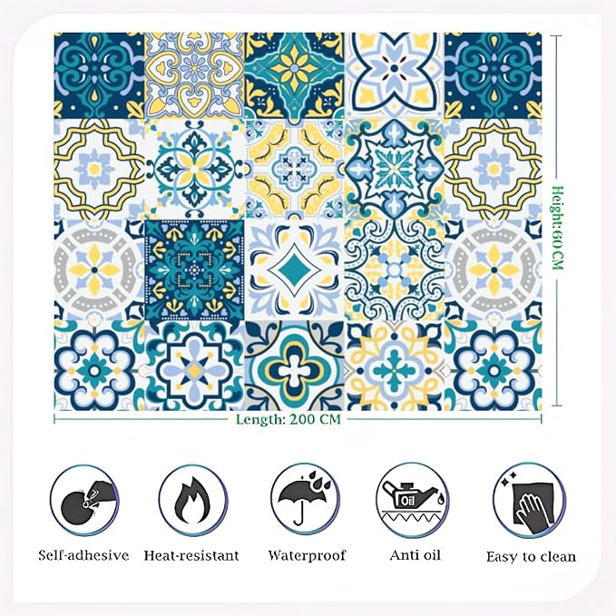 Decorative Self-Adhesive Waterproof Kitchen Wall Sticker – Premium Tile Pattern, 60x200cm