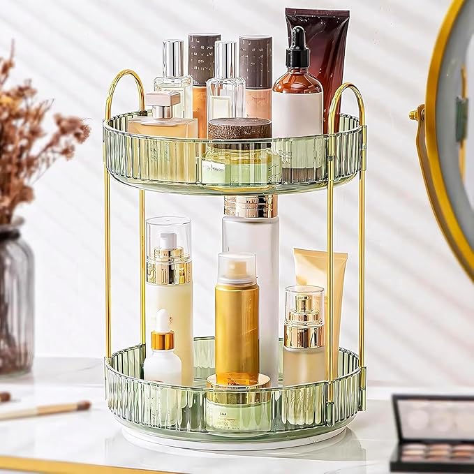 2-Layer 360° Rotating Makeup Organizer – Premium Luxury Cosmetic Storage Shelf for Efficient Vanity Organization Premium Quality Single Deals™