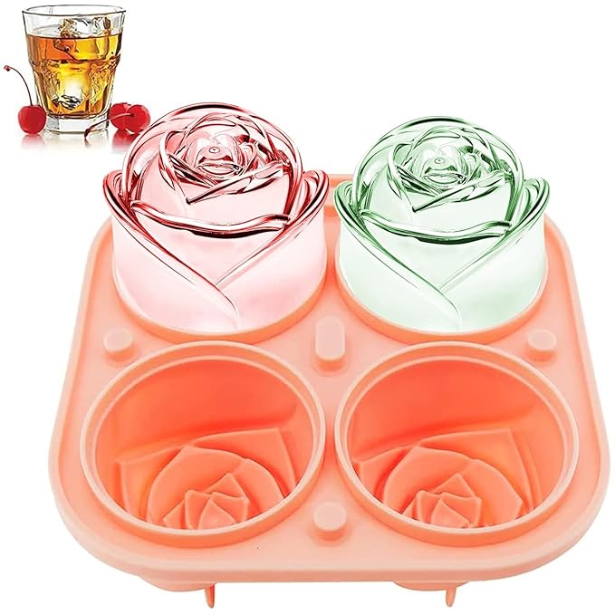 3D Rose Ice Molds 2.5 Inch, Large Ice Cube Trays, Make 4 Giant Cute Flower Shape Ice, Silicone Rubber Fun Big Ice Ball Maker for Cocktails Juice Whiskey Bourbon Freezer, Dishwasher Safe