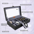 Premium 6-Slot Watch & 3-Slot Eyewear Display Case – Elegant Leatherette Organizer with Clear Glass Top Premium Quality Single Deals™