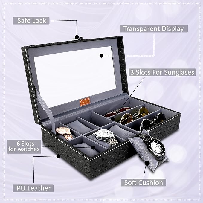 Premium 6-Slot Watch & 3-Slot Eyewear Display Case – Elegant Leatherette Organizer with Clear Glass Top Premium Quality Single Deals™