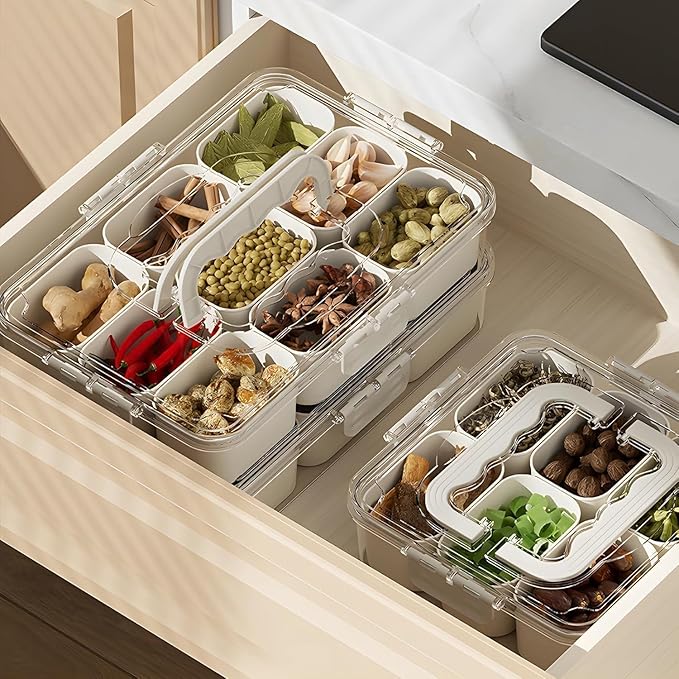 9-Compartment Food Organizer Tray – Airtight Multi-Grid Storage Container for Spices, Snacks, and Kitchen Organization Premium Quality Single Deals™