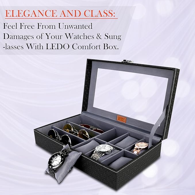 Premium 6-Slot Watch & 3-Slot Eyewear Display Case – Elegant Leatherette Organizer with Clear Glass Top Premium Quality Single Deals™