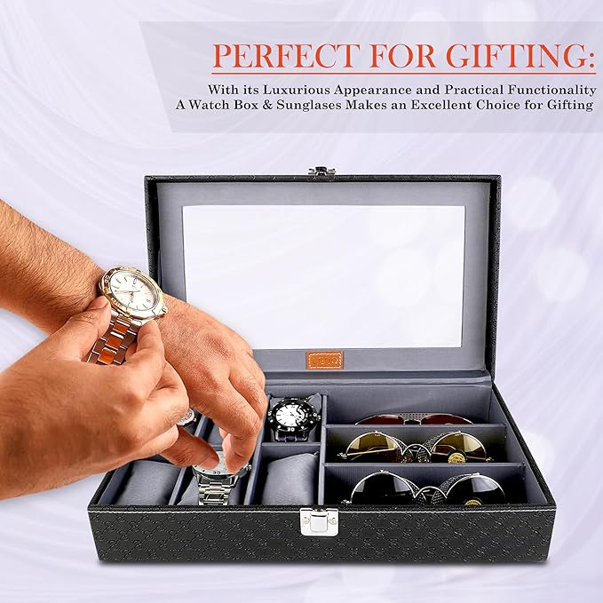 Premium 6-Slot Watch & 3-Slot Eyewear Display Case – Elegant Leatherette Organizer with Clear Glass Top Premium Quality Single Deals™